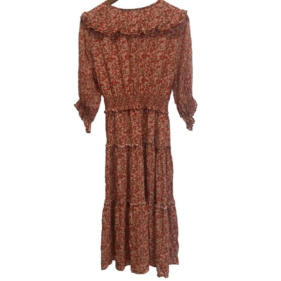 Vivienne Midow Dress Size 8‎ 100% Silk Red Orange Floral Ruffle Elastic Waist - Picture 3 of 8